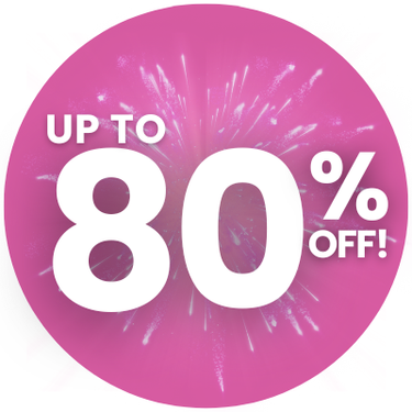 Promotional graphic with 'Up to 80% Off' text on a pink background