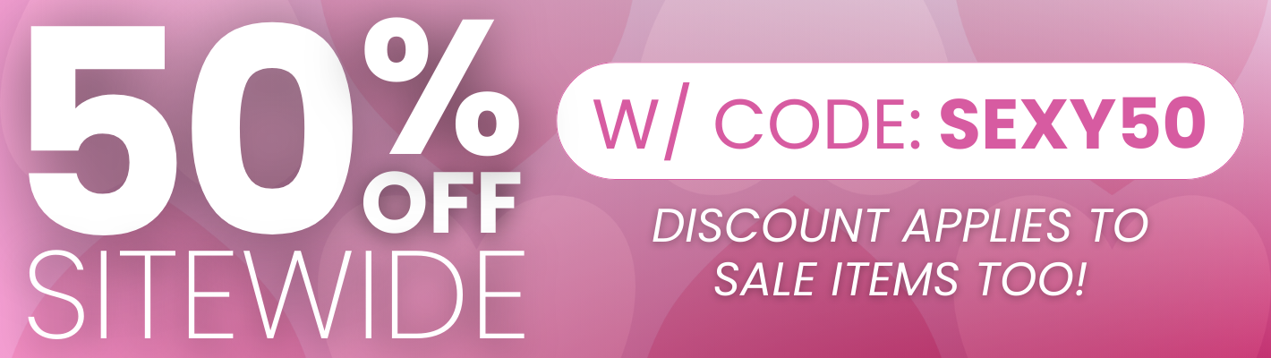 Promotional banner with 50% off websitewide discount and code on a pink background