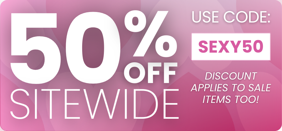 Promotional banner with 50% off site-wide discount and code on a pink background