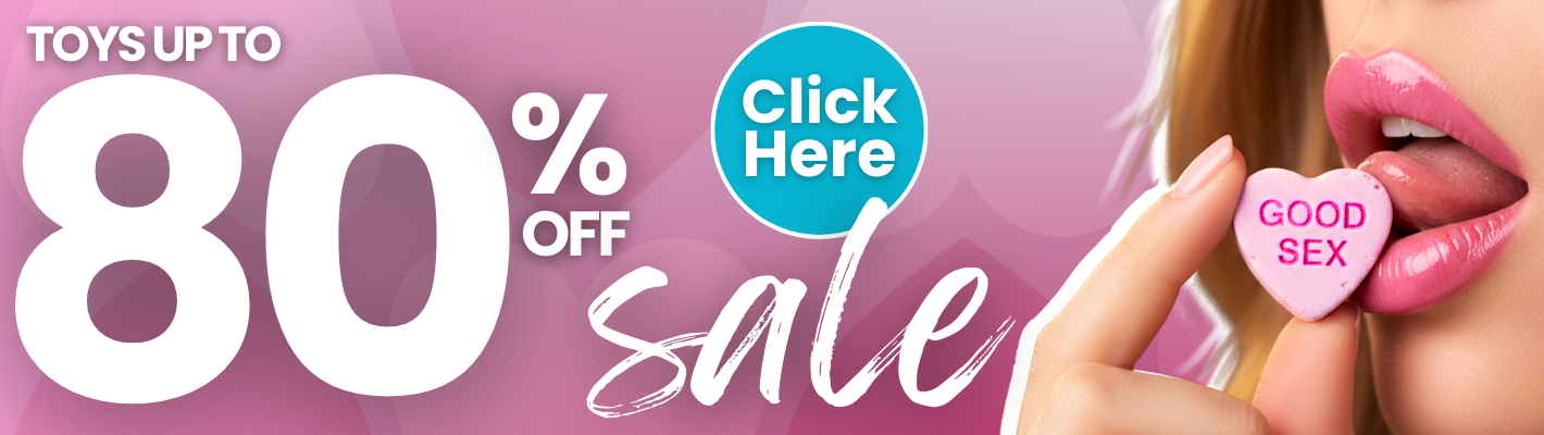 Promotional banner with '80% off' sale text and a woman holding a heart-shaped 'LOVE' candy.